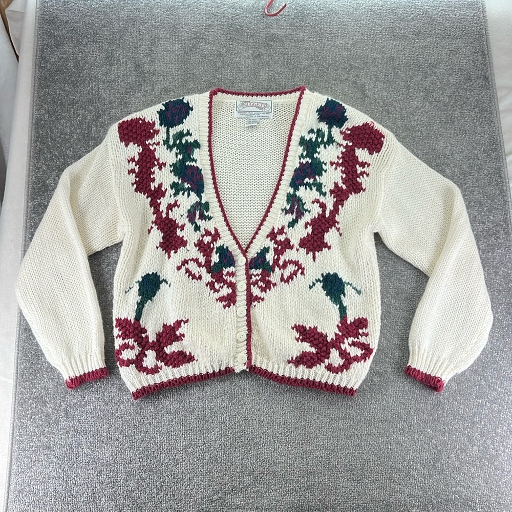 Vintage Nuggets Long Sleeve Knit Sweater Cream Red Green Floral Womens L Button